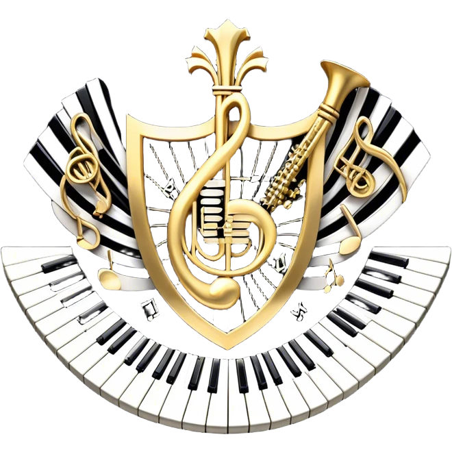 Create an elegant and festive emoji collage representing keyboard instruments, styled like a heraldic emblem. The design should feature a central focal point of black and white piano keys, arranged in a semi-circular or shield-like shape. Around the piano keys, add intertwining musical notes that form flowing ribbons, creating a dynamic and celebratory atmosphere. The design should be professional, with polished silver and gold accents on the keys and notes, highlighting the luxury and sophistication of the instruments. Add subtle shading and lighting effects to give the design a refined, 3D appearance. The background should remain transparent, and the overall feel should evoke grandeur, artistry, and a sense of celebration. emoji