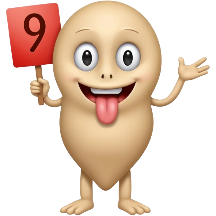 A school that has the number 9 on top of it's eyes holding a sign with the number 9 on the sign with a mouth sticking out his tongue with legs and arms with him being happy full of joy emoji
