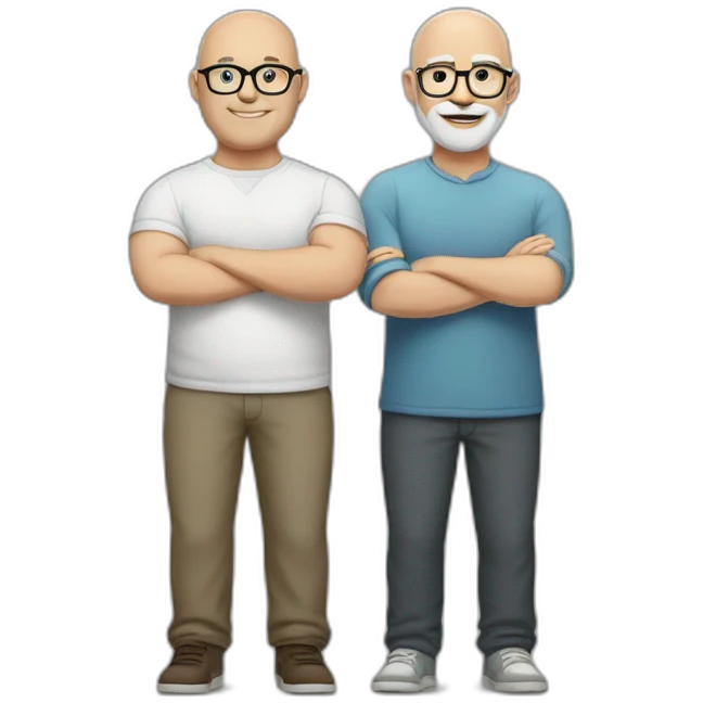crossed arms full body smiling chubby white man bald head darkgraybeard glasses emoji