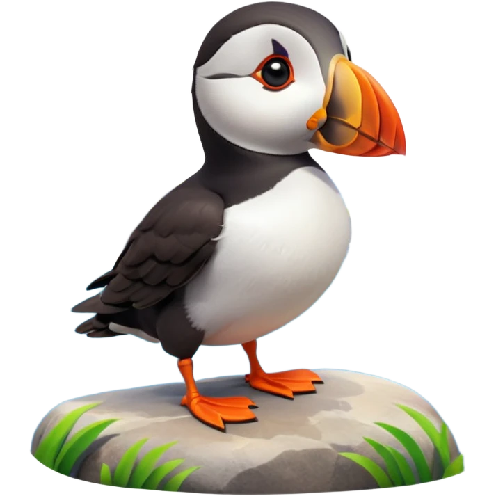 A 3D cartoon puffin bird standing on a rock near the sea, soft daylight, bright colors, realistic Memoji-style. emoji