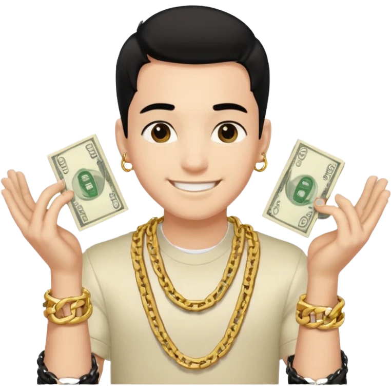 Has un chico con mucha plata en sus manos y en su alrededor, Con una cadena que diga "JovenBallin" y que tenga pelo negro y sea piel blanca emoji