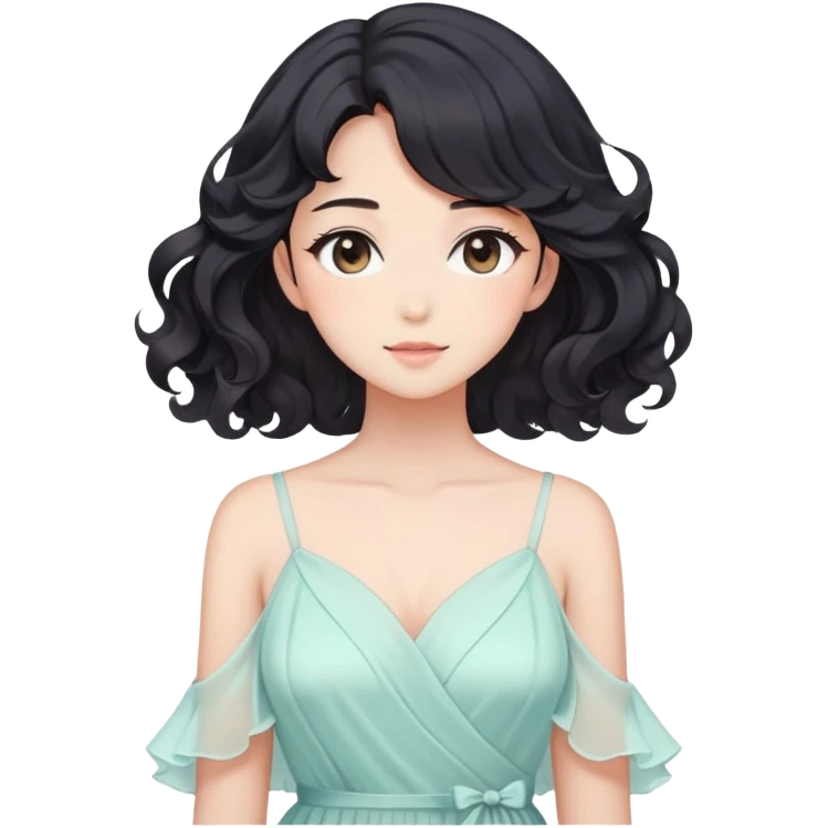 Gorgeous anime lady with elegant black wavy hair wearing a soft flowy feminine dress in pastel colors emoji