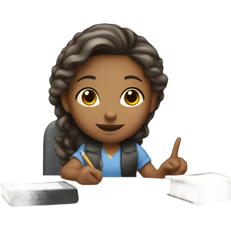 A white girl with a raised hand at a desk at school  emoji