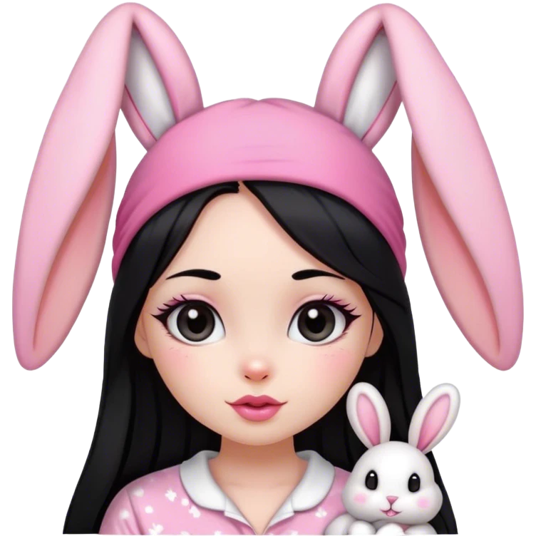 pretty girl, with straight long black hair, black eyes, long lashes, pink lips, wearing pink pajamas, and bunny headband on her head emoji
