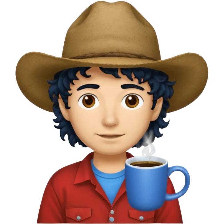Ranch hand with blue hat and coffee mug, curly black hair, red shirt emoji