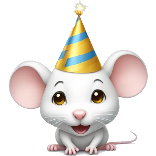 Cute little white mouse wearing birthday hat emoji