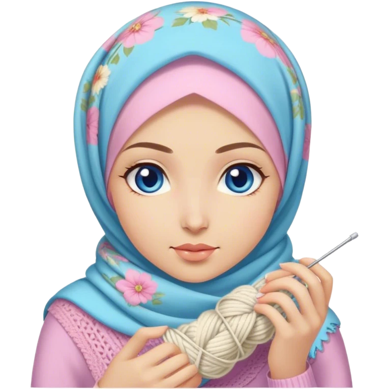 Turkish beautiful finish Konya girl blue eyes with pastel floral hijab does knitting  emoji