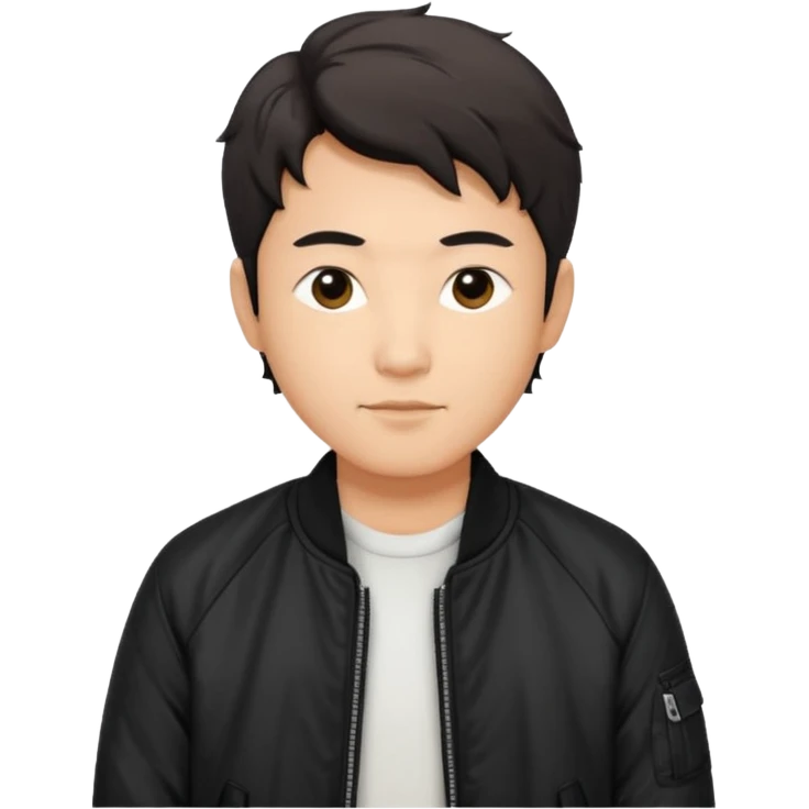 Handsome and mature Asian guy wavy short hair, dressed cool in black bomber jacket, demure but with a smirk  emoji