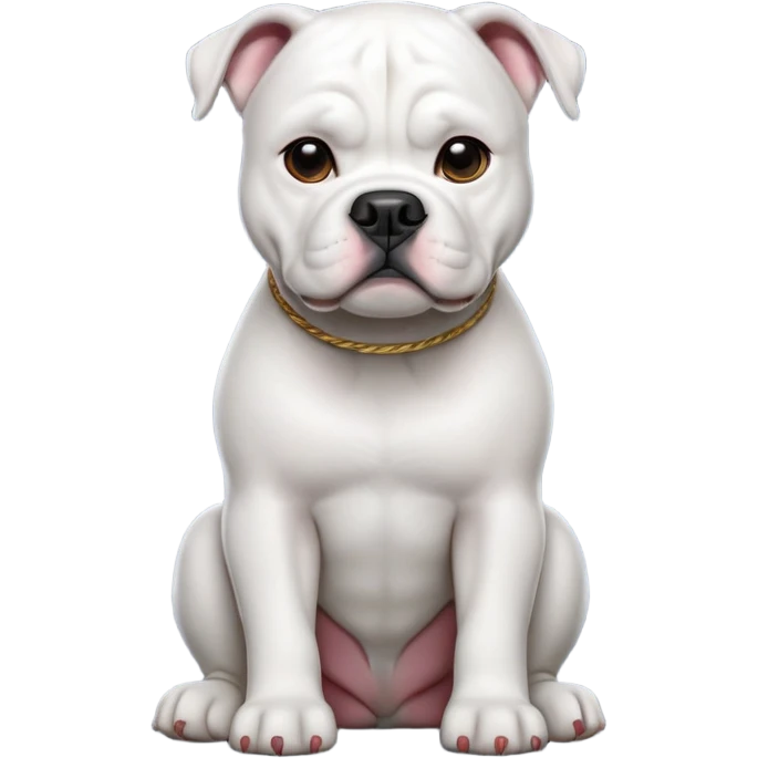 cinematic-[american bulldog]-realistic-full-body-sitting-emoji,-tail-resting-loosely-beside-its-paws,-head-tilted-dramatically,-sleek-[solid white]-fur,-simplified-yet-realistic-focused-features,-highly-detailed,-glowing-with-an-almost-sarcastic-glow emoji