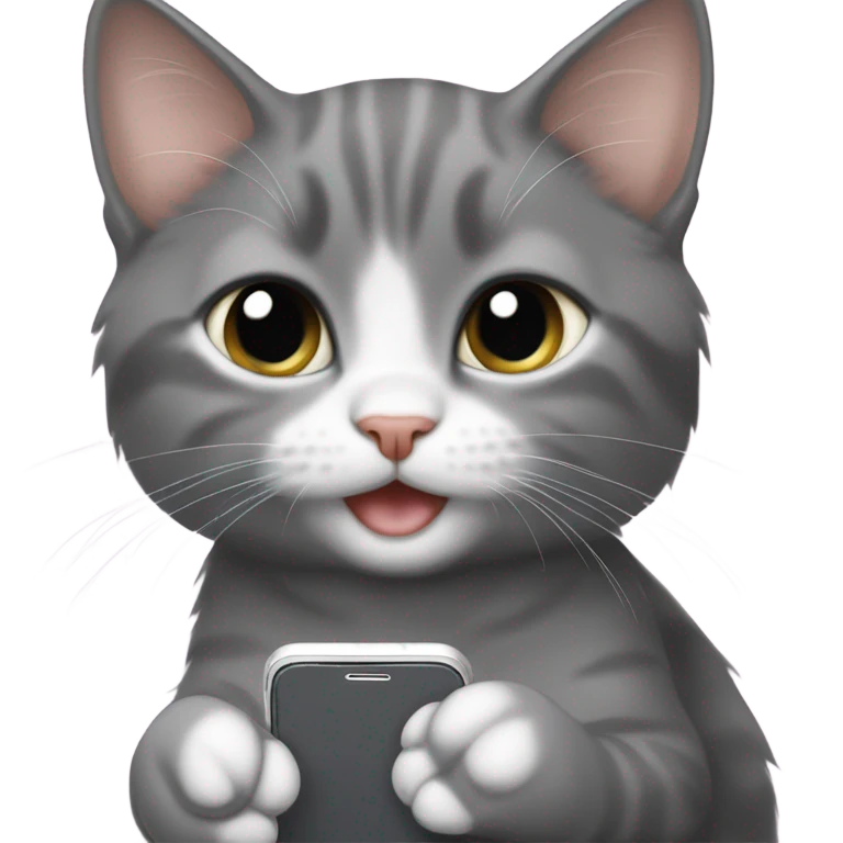 Gray tuxedo kitten using an iPhone emoji