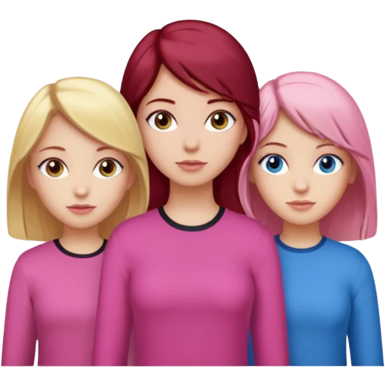 Three girls, one dark red hair with hazel eyes, one blonde with blue eyed and one with black hair and brown eyes, all wear pink emoji