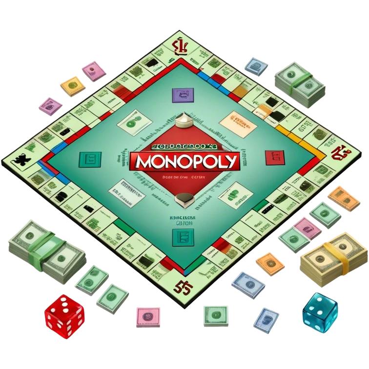 A photorealistic icon featuring a Monopoly board with property spaces, colorful game tokens, dice, and stacks of money. The design includes detailed textures of the board, cards, and tokens, capturing the essence of the Monopoly game. Transparent background, symbolizing Monopoly and board games. emoji