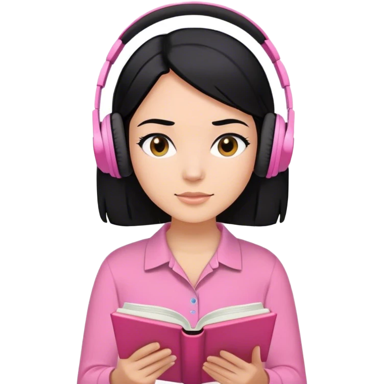 Chica de pelo negro con piel normal y camiss rosa leyendo un libro con audifonos emoji