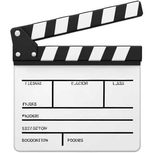 geometric outline clapperboard, precise thin black lines, no interior details except one diagonal emoji