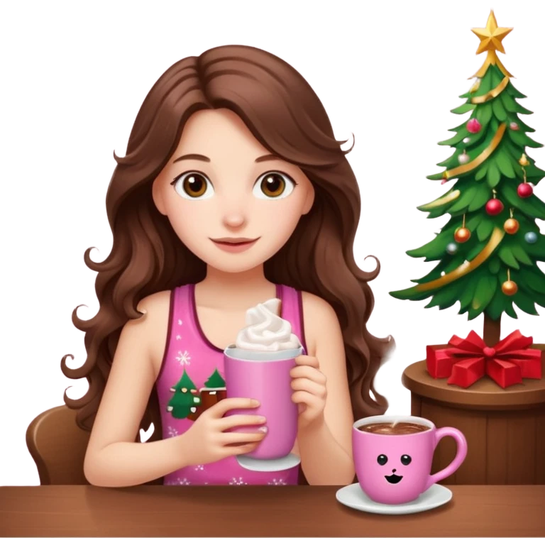 menina branca com cabelos castanhos longos ondulados com xícara rosa na frente com chocolate quente, ela usa blusa de alcinha com estampa de natal emoji