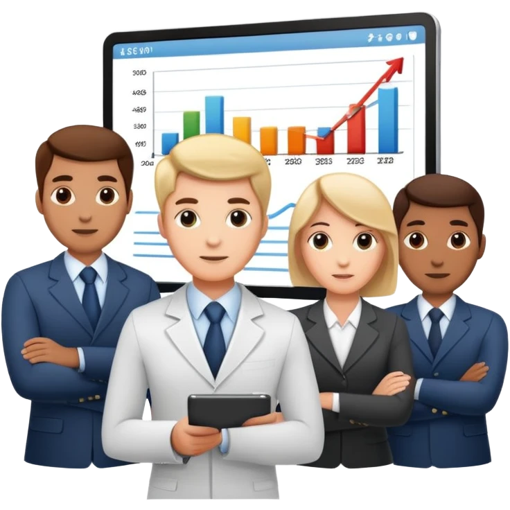 Professional leader with chart showing growth, presenting to team emoji