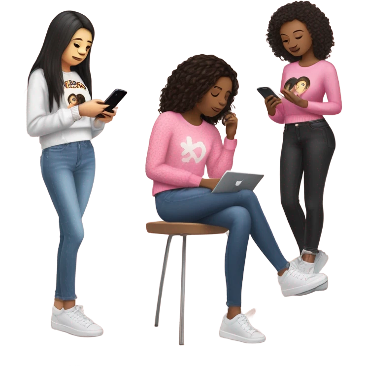 I brown hair girl wearing pink and white sweater and ripped jeans texting to her black hair friend wearing blue and black Shakira lace up croc top  emoji