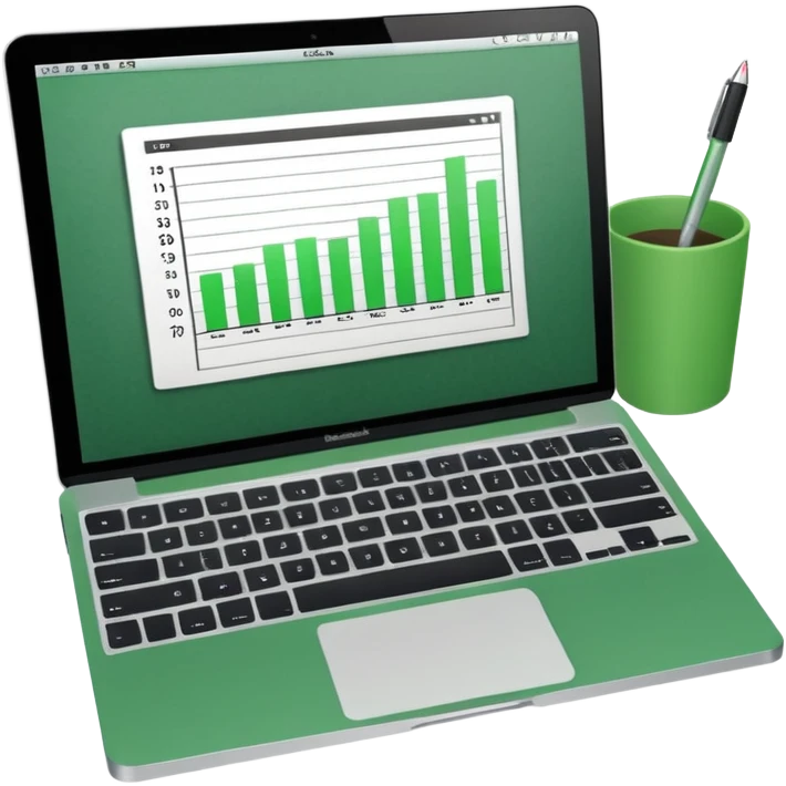 top view of a MacBook and a notebook with a pen nearby, notebook pages filled with handwritten bar charts, green notebook emoji
