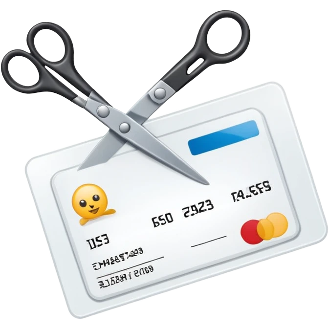 Scissors cutting ID card in 2 parts. Realistic emoji