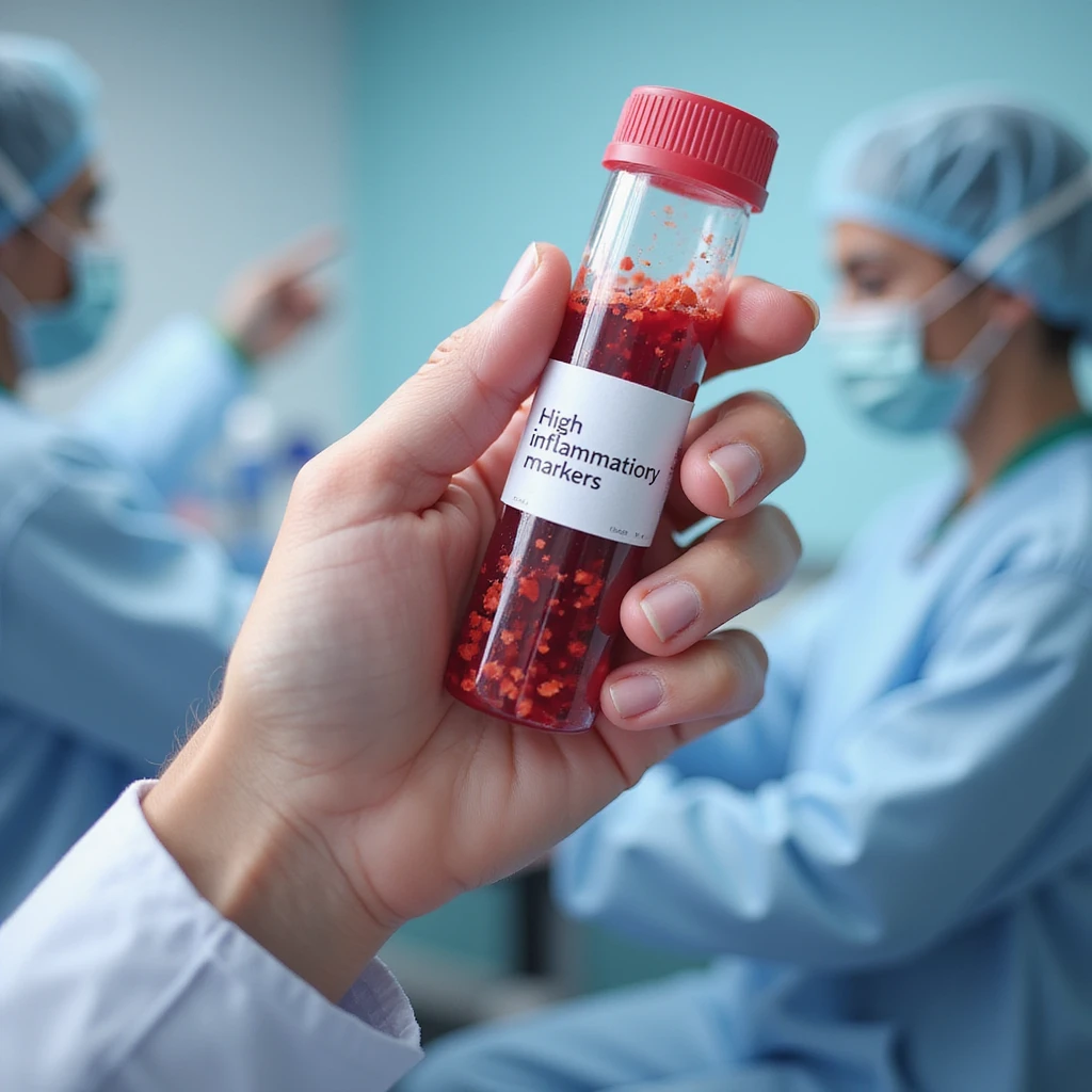 realistic illustration of hand holding test tube with blood, label 'high inflammatory markers', clinical atmosphere, laboratory background emoji