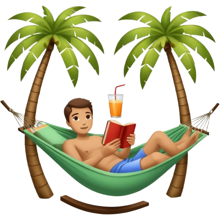 a person lying on a hammock between two palm trees, holding a book in one hand and a fresh drink nearby, symbol of relaxation, isolated on white background emoji