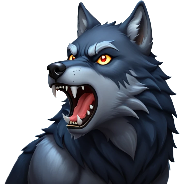 cinematic-noble-fierce-werewolf-howling-portrait-emoji, poised-and-imposing, with a fierce wolfish face tilted upwards in a haunting howl, glowing eyes full of primal ferocity, sharp, and a rugged snout, fur rippling in shades of midnight black and silver, muscles tensed as the powerful howl echoes beneath the moonlit sky; rendered with realism, capturing the raw, untamed power of the beast in its wild, primal state emoji