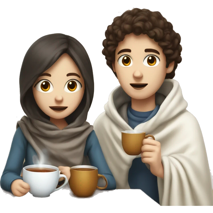 a boy white skin  dark hair and a girl with brown hair and white skin covered in a blanket are drinking tea emoji