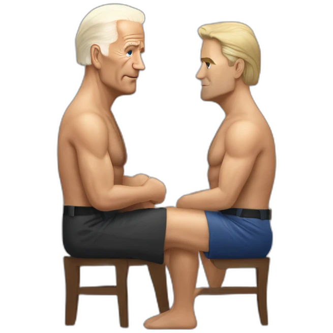 joe biden wearing a skirt, thong, and no shirt sitting acting out that scene from basic instinct sitting facing forward legs apart(full body, ios17) emoji