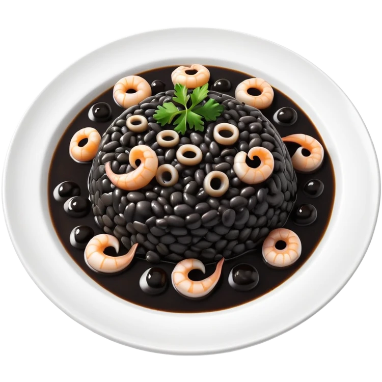 cinematic-realistic-black-risotto-dish-emoji,-showcasing-small squid pieces in black sauce -rendered-with-bold-textures-and-dynamic,-dramatic-lighting in a white plate emoji