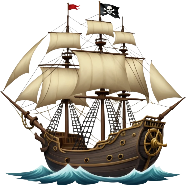 An icon representing an adventure game, inspired by high-seas exploration. The design features a fearless pirate gripping the wheel of a grand sailing ship, its tattered Jolly Roger flag billowing as it cuts through stormy waters. The scene evokes danger, treasure, and the thrill of the open sea. Transparent background. emoji