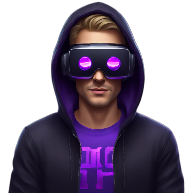 Russian man in the black hoody with violet letters "OMG VR" on it wearing vr headset. Cyberpunk style. Violet neon. emoji