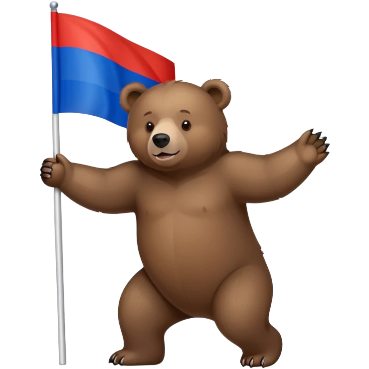 Brown bear on four legs with Russian tricolor flag (white, blue, red horizontal stripes) on its back, minimalist design emoji