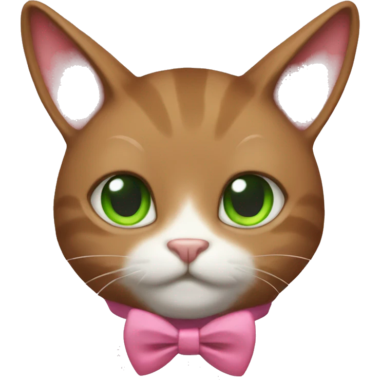brown cat in a bunny HOOD with pink bow tie and green eyes emoji