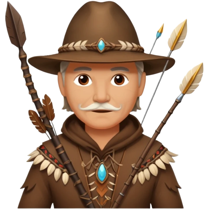 The classic middle-aged hunter with a bow and arrow on his back, dressed in brown with decorations made of feathers or bone teeth emoji