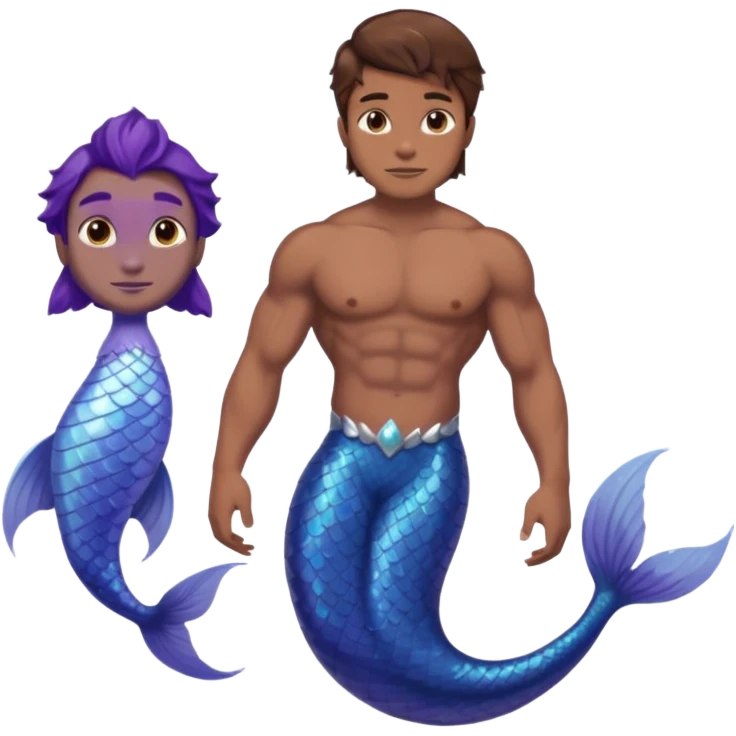 merman with brown hair brown eyes and medium to dark skin tone with a blueish purple tail emoji