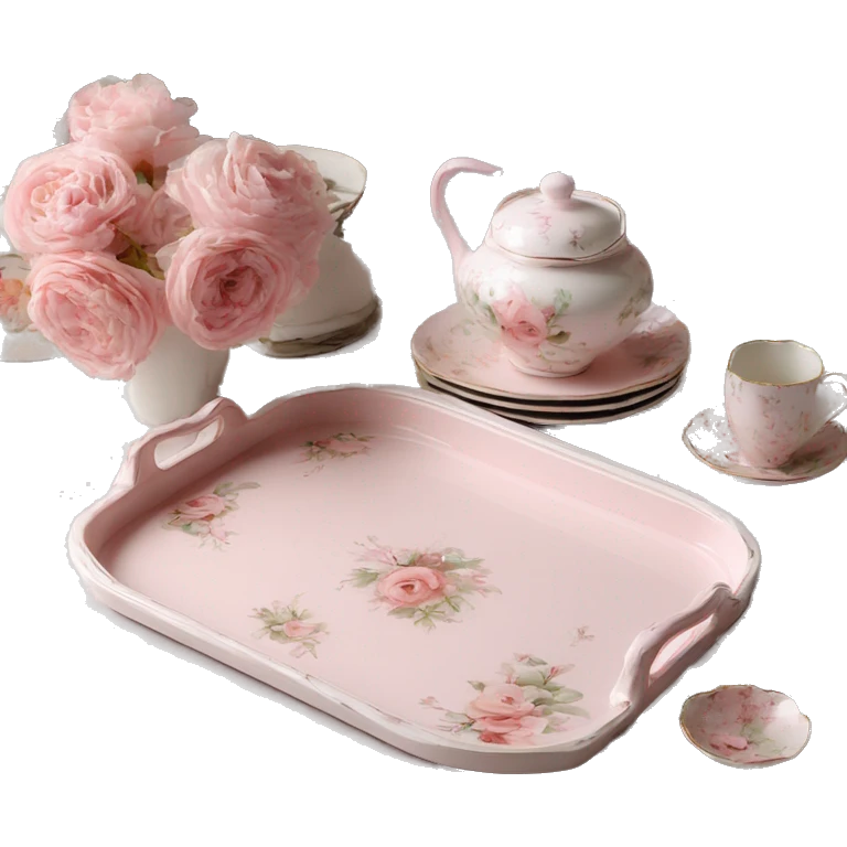 Light pink glass serving tray with handles, shabby chic style with floral print, with porcelain tea set on it emoji
