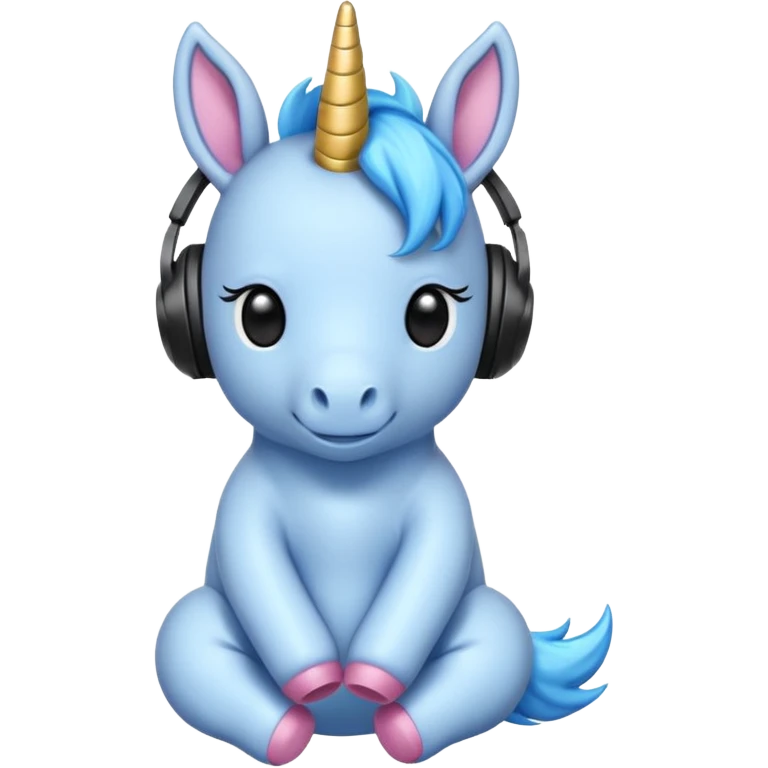 Unicornio bebé azul sentado escuchando música con auriculares negros emoji