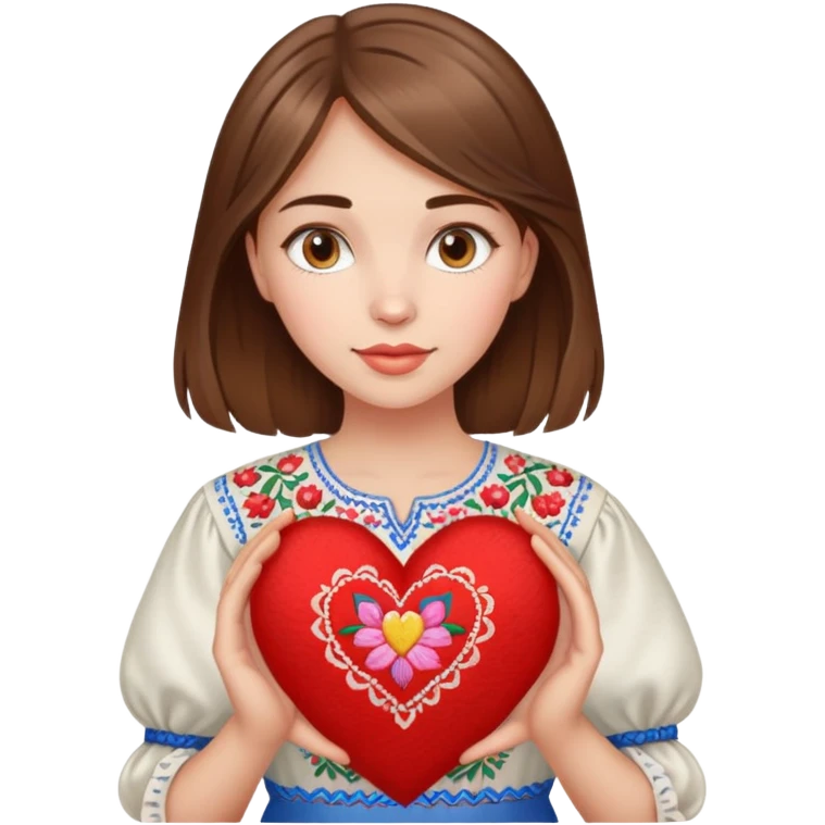 A beautiful young girl with brown hair in a Ukrainian embroidered shirt is holding a large embroidered heart emoji