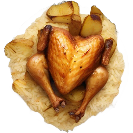 Grilled chicken and rice, and potatoes meal top view emoji