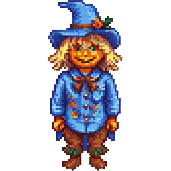 smiling blonde scarecrow with blue shirt pixel art emoji