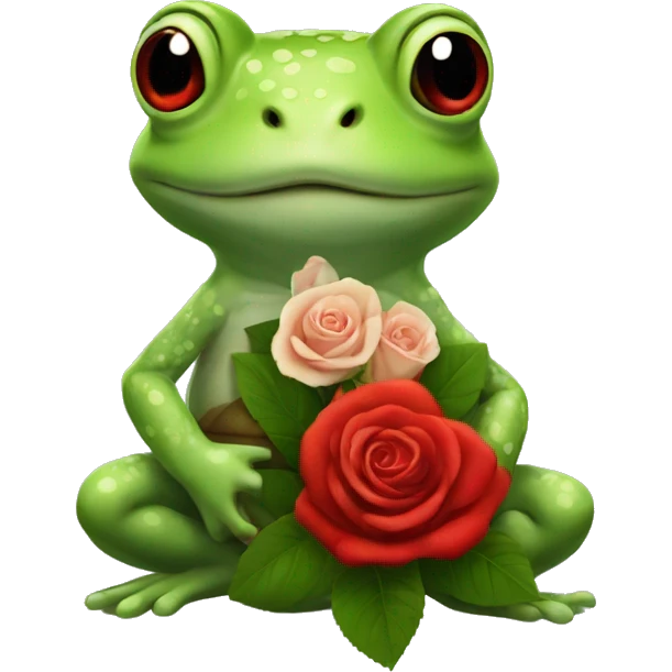 Tiny green toad holding red roses bouquet emoji