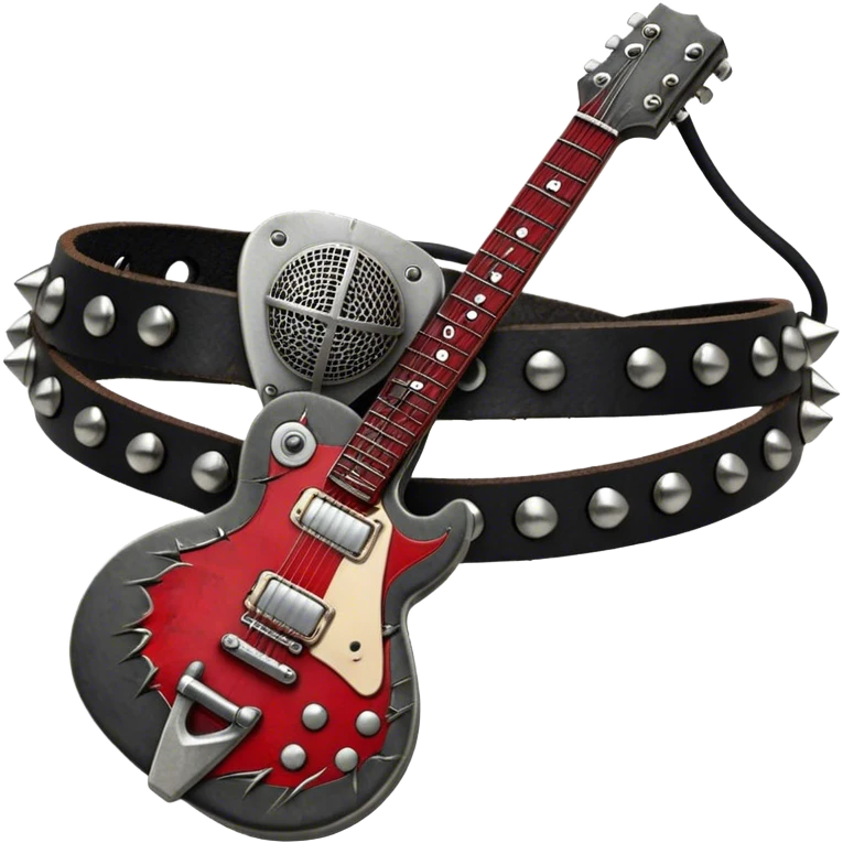 Create a powerful and dynamic humanless emoji representing rock vocals. The design should feature a classic vintage microphone with a rugged, distressed look, surrounded by elements like a guitar pick, electric guitar neck, and sound waves to reflect the raw energy of rock music. Add subtle details such as a spiked bracelet, leather textures, or bold lightning bolts to evoke the rebellious and intense spirit of rock. Use dark, edgy colors like black, red, silver, and metallic accents to emphasize the fierce, loud, and passionate nature of rock vocals. The background should be transparent. emoji
