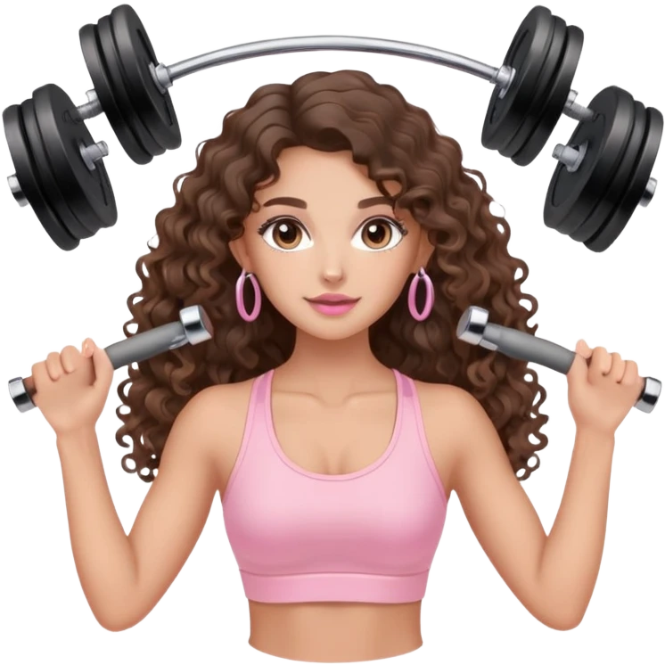 cute balayage brunette long hair curly/wavy haired girl, hoop earrings, clean girl makeup DOING EXERCISE with weights with a cute pastel pink set emoji