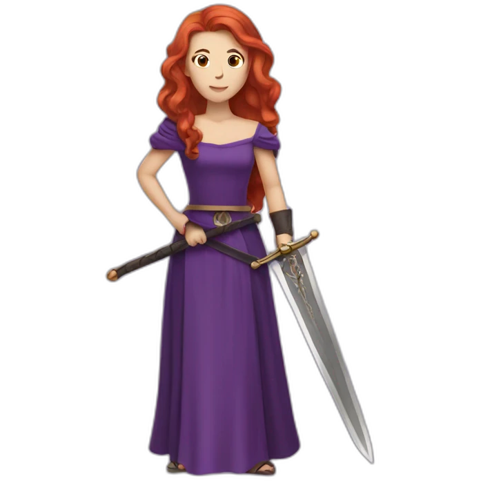 redhead women in purple dress with sword emoji