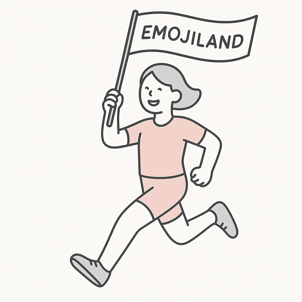 happy runner waving a flag that says 'emojiland' emoji