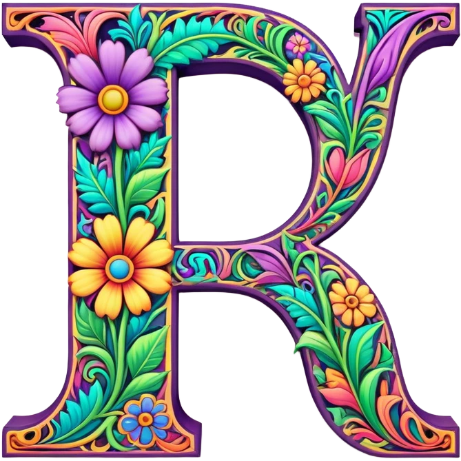 3D, gothic style psychedelic colored capital Letter “J” with hippie style flower border emoji