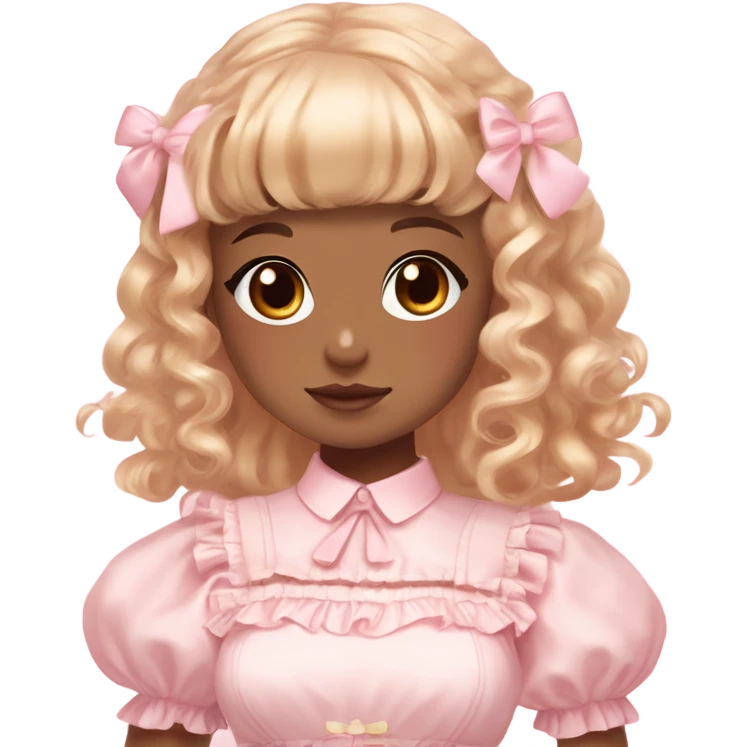caramel skin girl , who has curly medium length blonde and baby pink swirled hair with bangs , light brown eyes , and doll like makeup , in a light pink lolita hime gyaru dress emoji