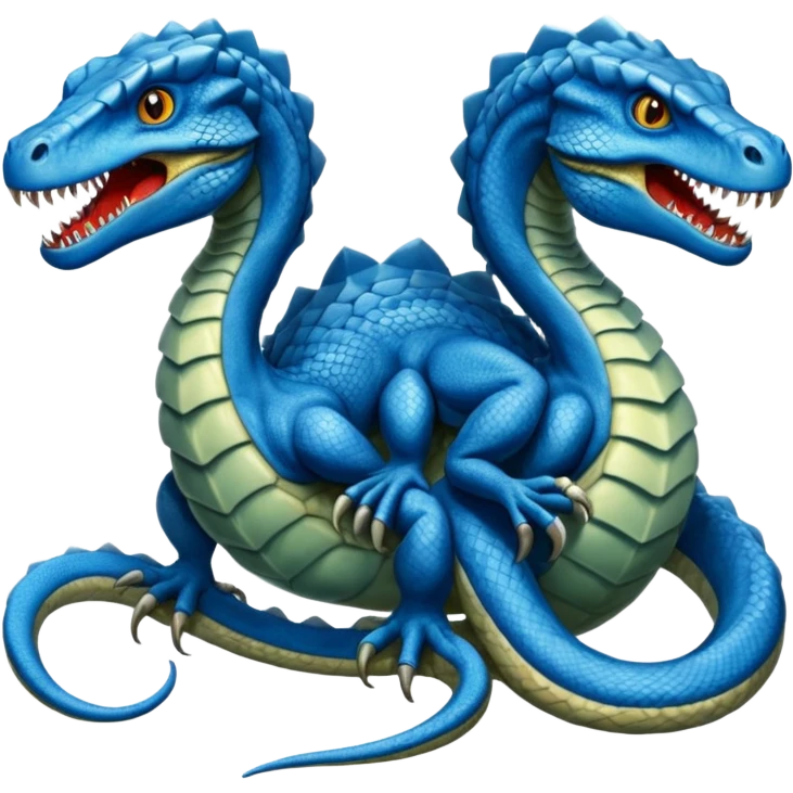 blue hydra, strong reptilian body, like a dinosaure, not like a snake,  with 3 heads rising from its neck emoji