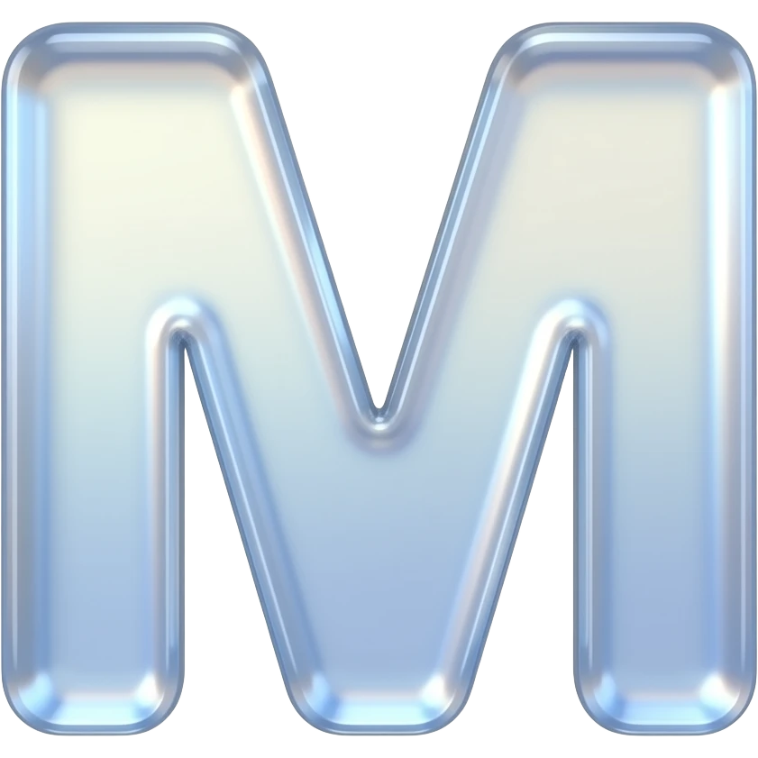 High-resolution 3D icon of the letter 'M' made of frosted holographic glass with soft internal glows. Isolated on a plain white background, centered, symmetrical, studio lighting, hyper-realistic, 4k emoji