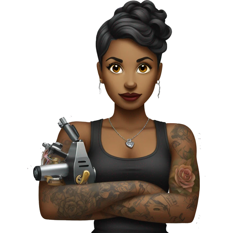 Black female tattoo artist with tattoo holding a tattoo machine emoji